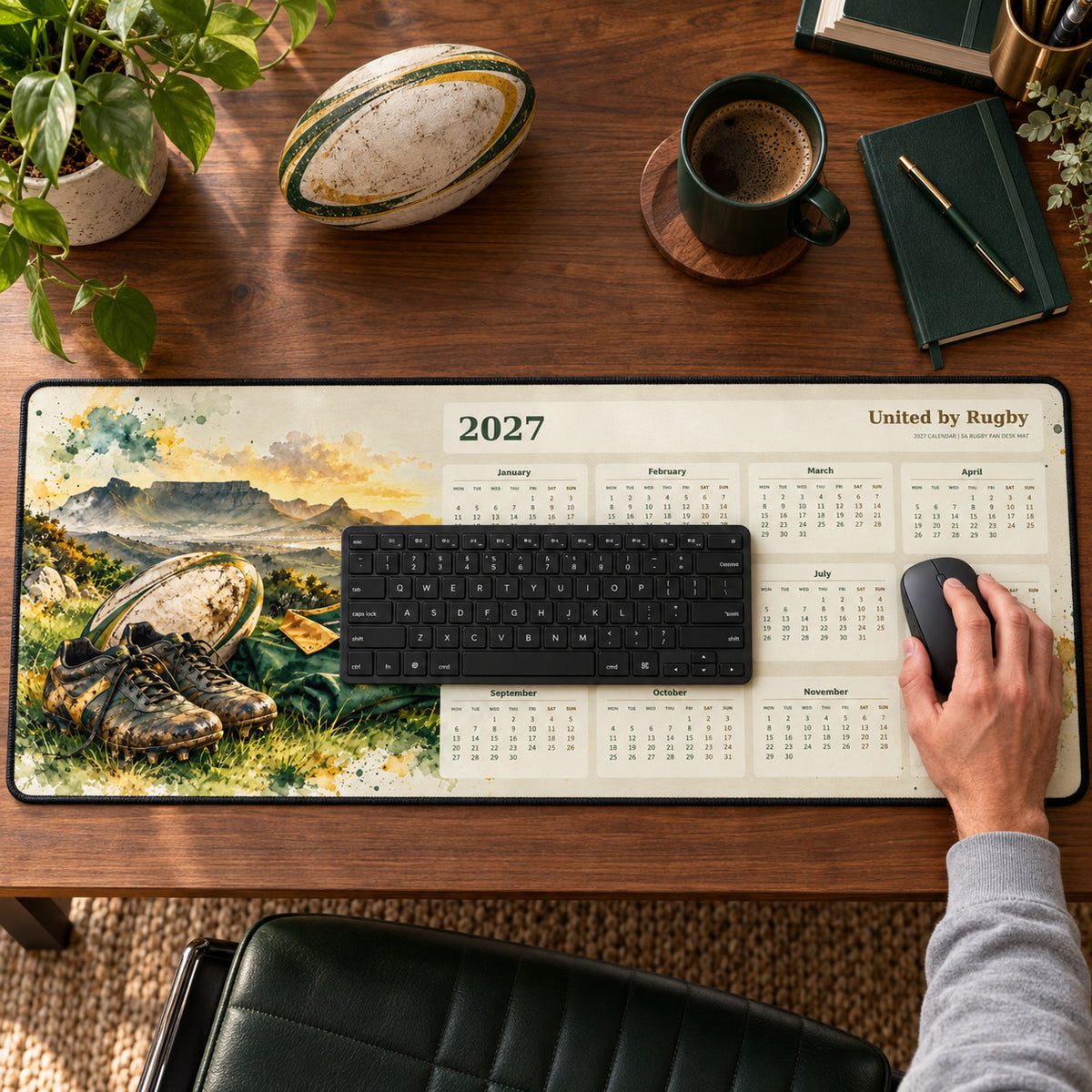 Watercolour Match Day 2027 calendar desk pad in use with a computer mouse on a styled desk.