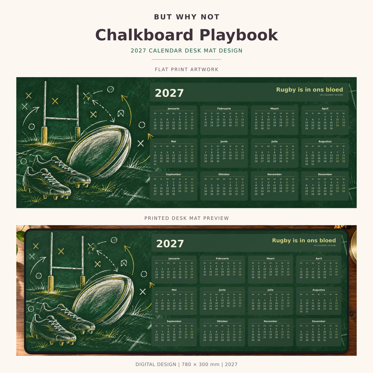 Chalkboard Playbook 2027 calendar desk mat – full design and printed mat preview