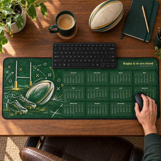 Chalkboard Playbook 2027 calendar desk pad in use with a computer mouse on a styled desk.
