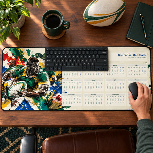 Mzansi Street Art 2027 calendar desk pad in use with a computer mouse on a styled desk.
