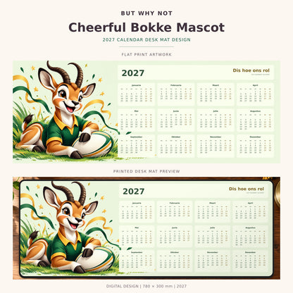 Cheerful Bokke Mascot 2027 calendar desk mat – full design and printed mat preview