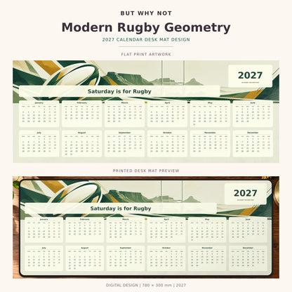 Modern Rugby Geometry 2027 calendar desk mat – full design and printed mat preview