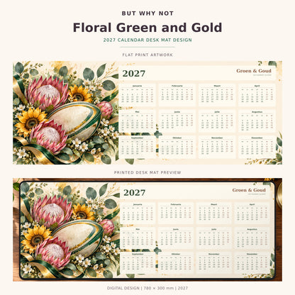 Floral Green and Gold 2027 calendar desk mat – full design and printed mat preview