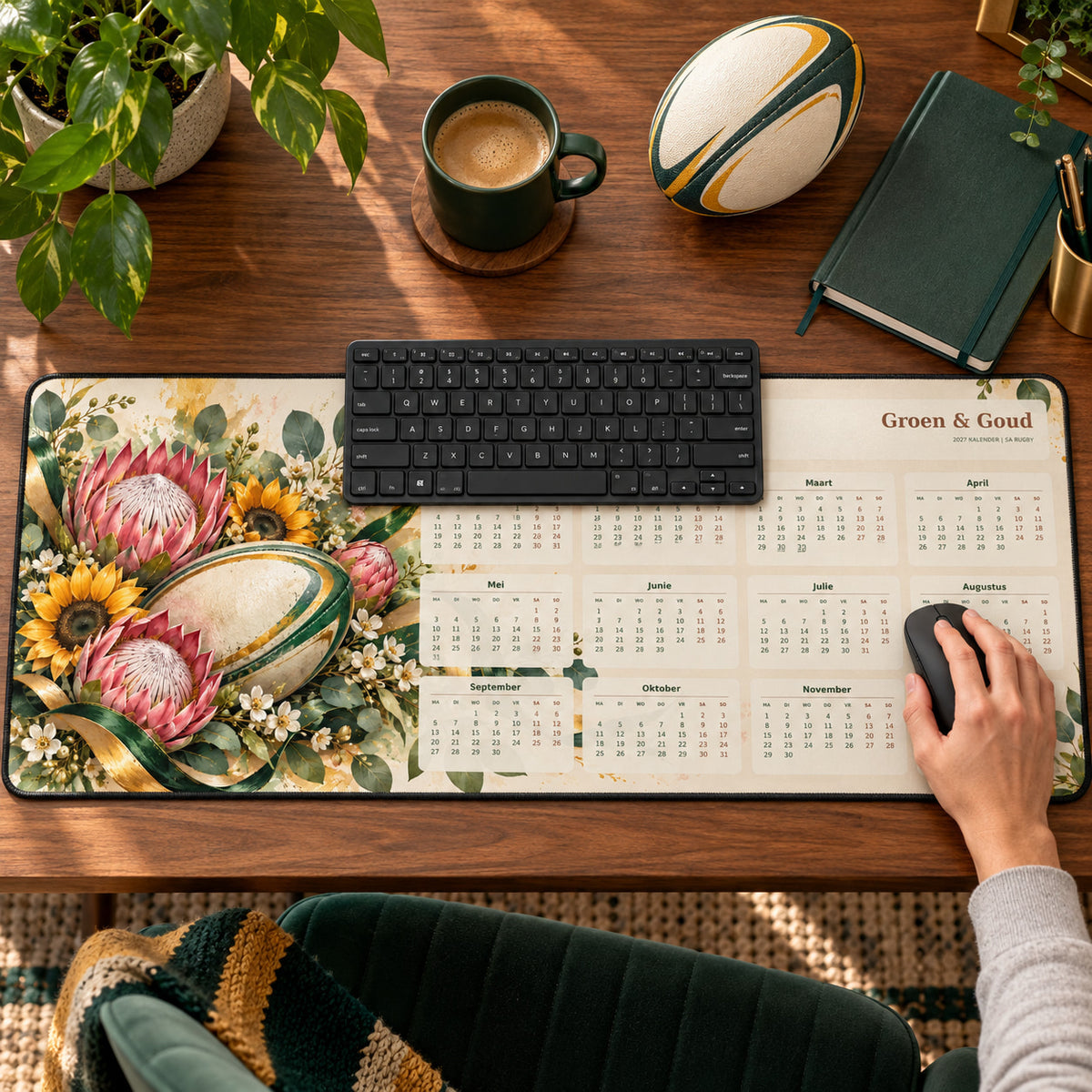 Floral Green and Gold 2027 calendar desk pad in use with a computer mouse on a styled desk.
