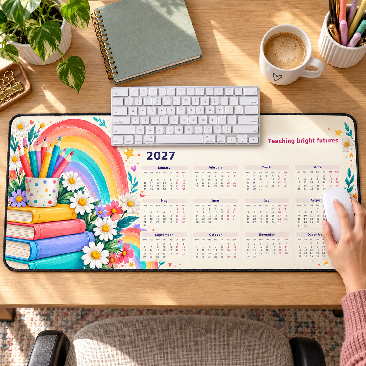 Rainbow Classroom 2027 calendar desk pad in use with a computer mouse on a styled desk.