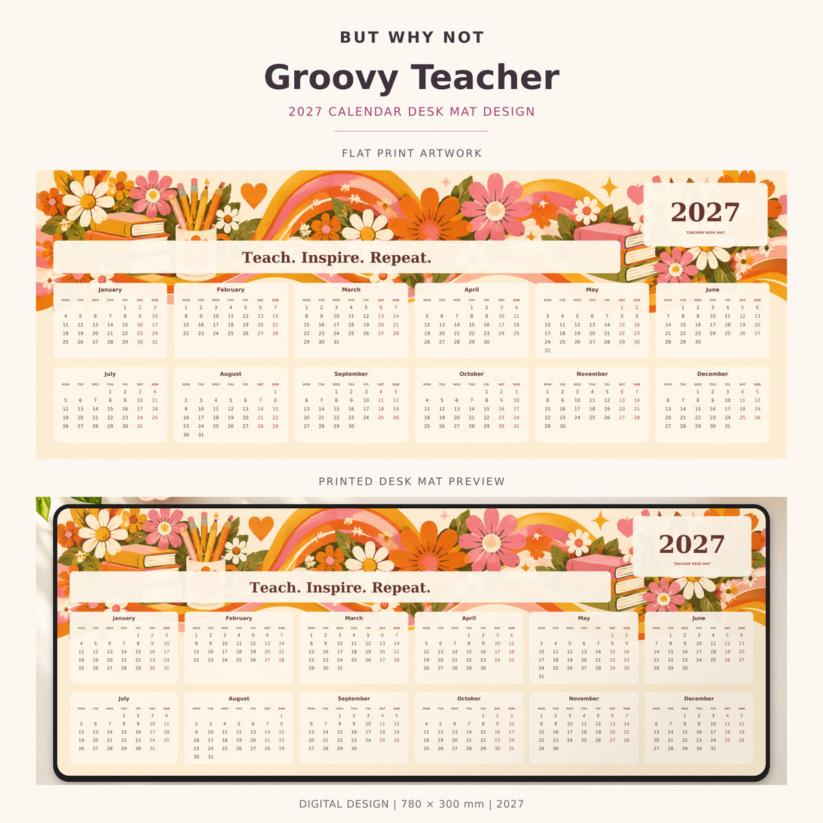 Groovy Teacher 2027 calendar desk mat – full design and printed mat preview