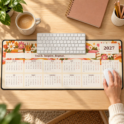 Groovy Teacher 2027 calendar desk pad in use with a computer mouse on a styled desk.