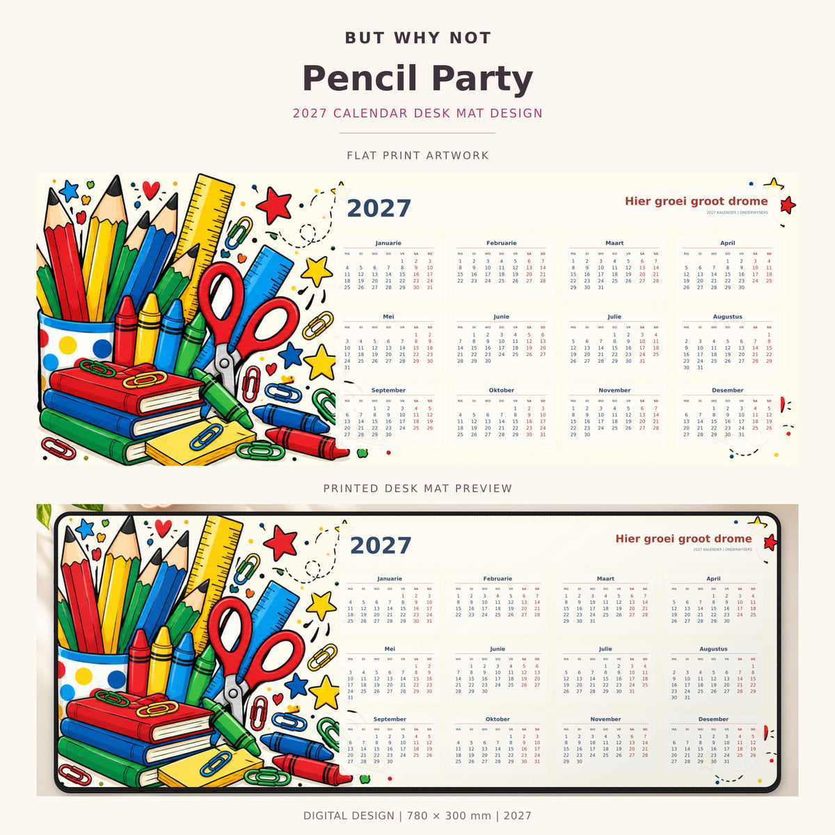 Pencil Party 2027 calendar desk mat – full design and printed mat preview