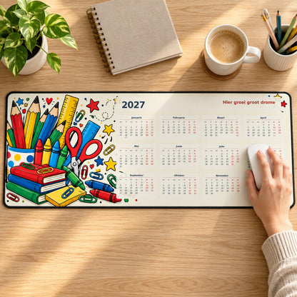 Pencil Party 2027 calendar desk pad in use with a computer mouse on a styled desk.