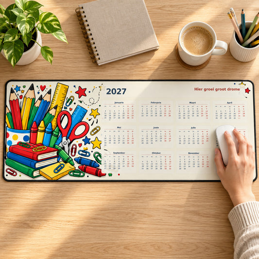 Pencil Party 2027 calendar desk pad in use with a computer mouse on a styled desk.
