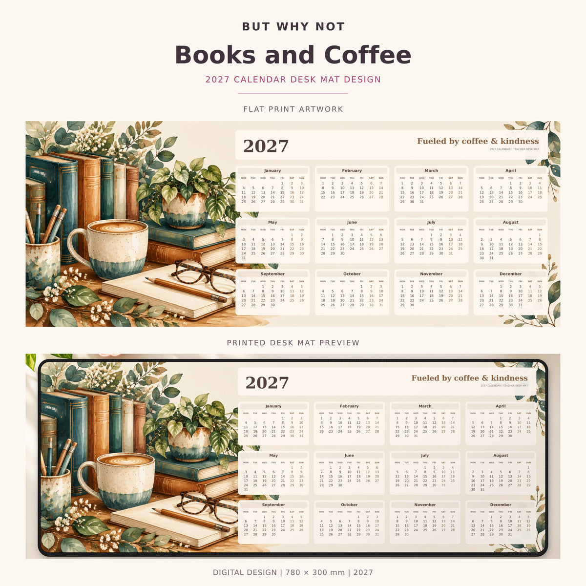 Books and Coffee 2027 calendar desk mat – full design and printed mat preview