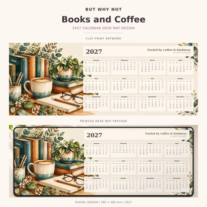 Books and Coffee 2027 calendar desk mat – full design and printed mat preview