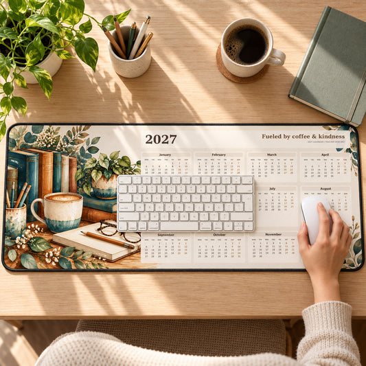 Books and Coffee 2027 calendar desk pad in use with a computer mouse on a styled desk.