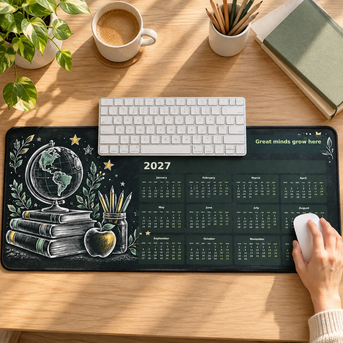 Classic Chalkboard 2027 calendar desk pad in use with a computer mouse on a styled desk.