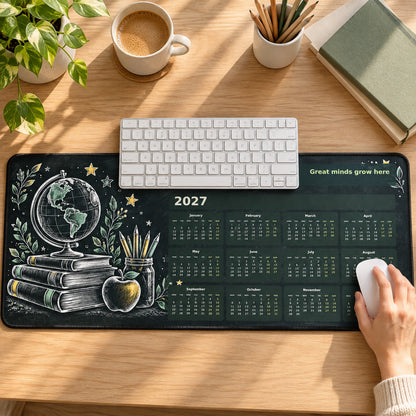 Classic Chalkboard 2027 calendar desk pad in use with a computer mouse on a styled desk.