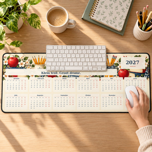 Apple Gingham 2027 calendar desk pad in use with a computer mouse on a styled desk.