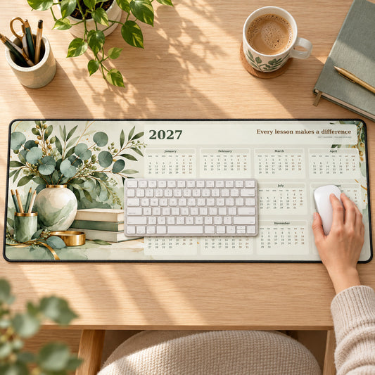 Botanical Educator 2027 calendar desk pad in use with a computer mouse on a styled desk.
