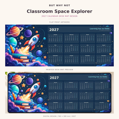 Classroom Space Explorer 2027 calendar desk mat – full design and printed mat preview