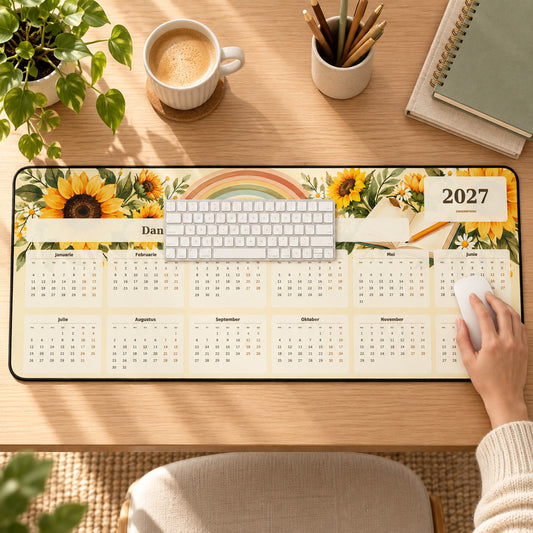 Sunflower Teacher 2027 calendar desk pad in use with a computer mouse on a styled desk.