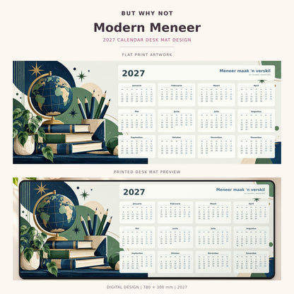 Modern Meneer 2027 calendar desk mat – full design and printed mat preview
