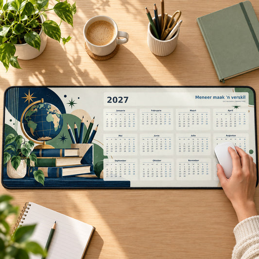 Modern Meneer 2027 calendar desk pad in use with a computer mouse on a styled desk.