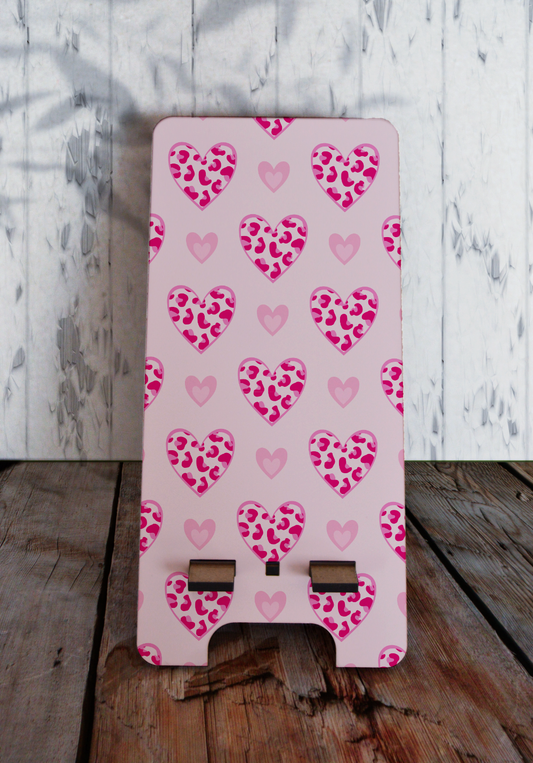 Phone stand (small) - Pink Cheetah Hearts