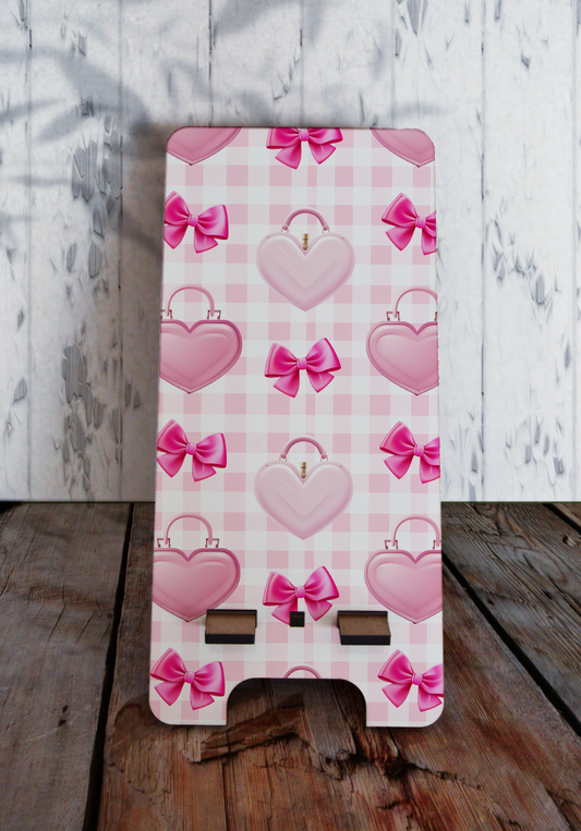 Phone stand (small) - Pink bow and bag pattern