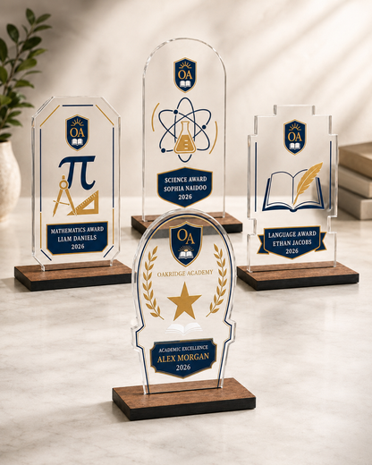 Personalised Acrylic Awards on a Wood Base