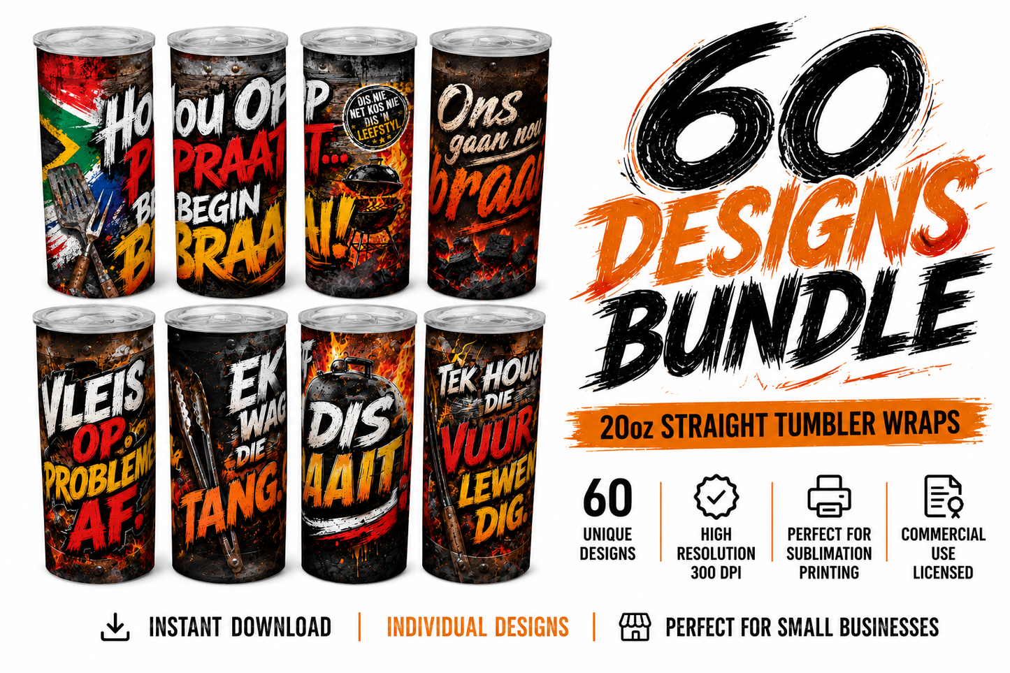 Premium 20oz Straight Tumbler Wrap Design - BraaiSA BUNDLE (60 Designs)