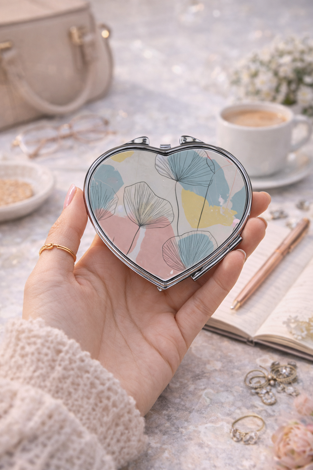 Heart-Shaped Compact Mirror – Custom Printed Personalised Pocket Mirror