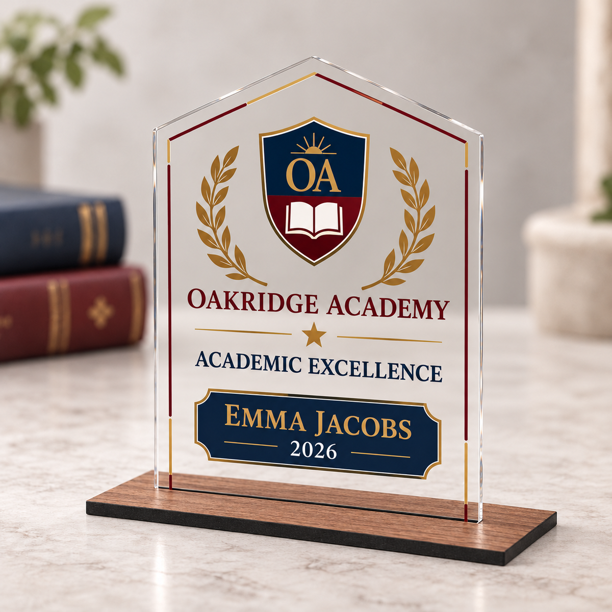 Personalised academic award with 3 mm clear acrylic, DTF sticker and 6 mm wood base
