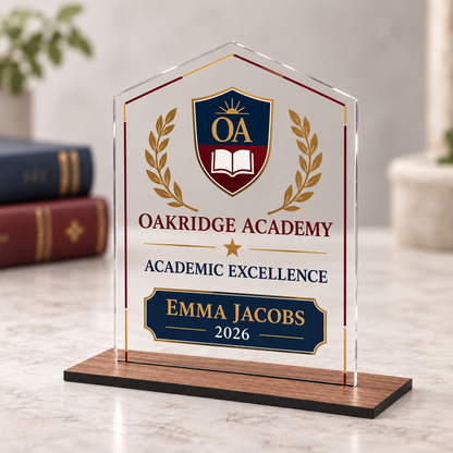 Personalised academic award with 3 mm clear acrylic, DTF sticker and 6 mm wood base