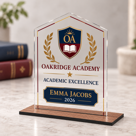 Personalised academic award with 3 mm clear acrylic, DTF sticker and 6 mm wood base