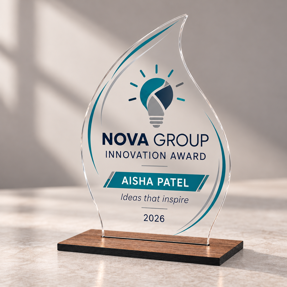 Flame shaped corporate innovation award with DTF sticker on clear acrylic and a slim wood base