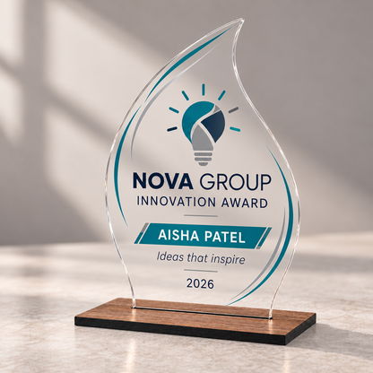 Flame shaped corporate innovation award with DTF sticker on clear acrylic and a slim wood base