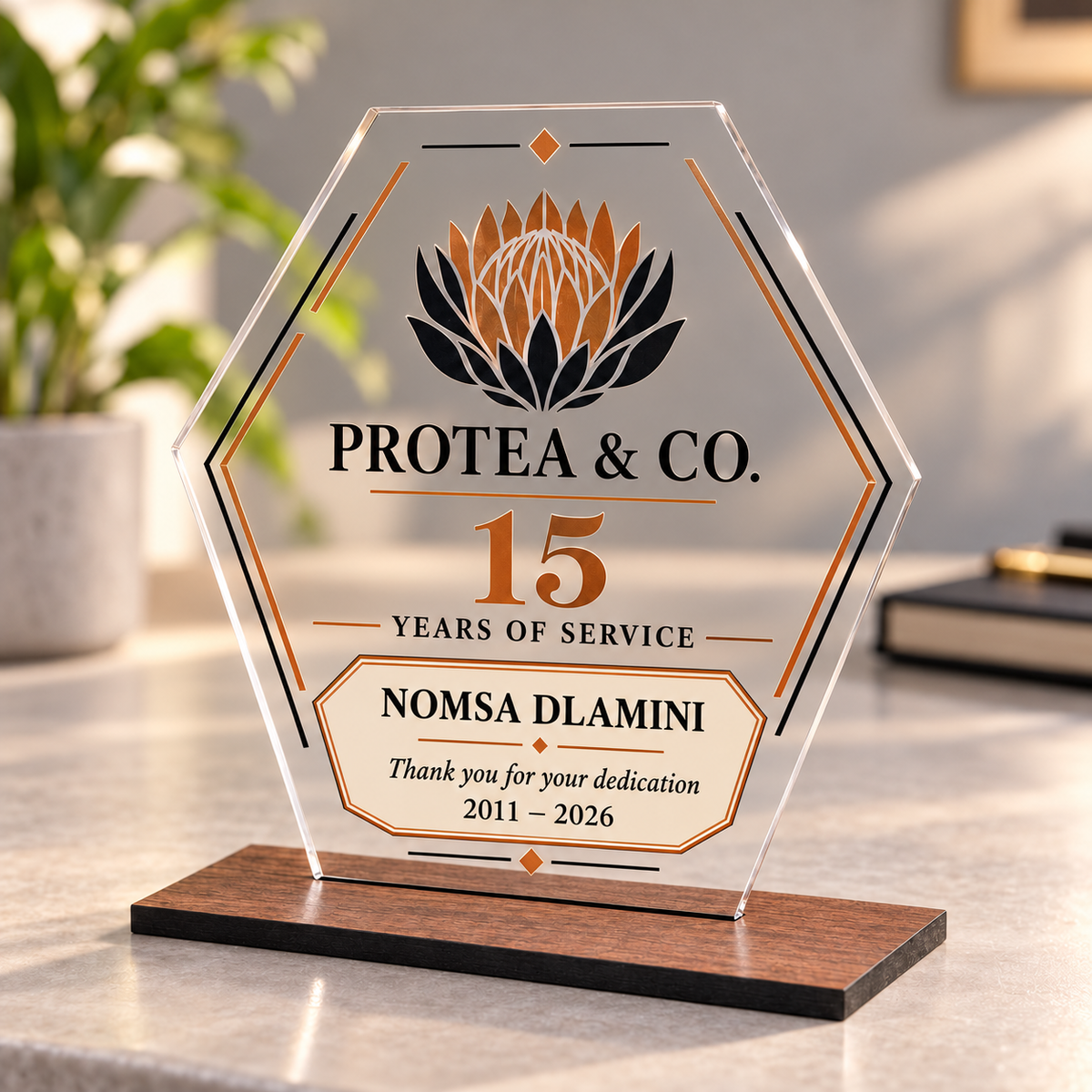 Hexagonal clear acrylic long service award with DTF sticker on a slim 6 mm wood base
