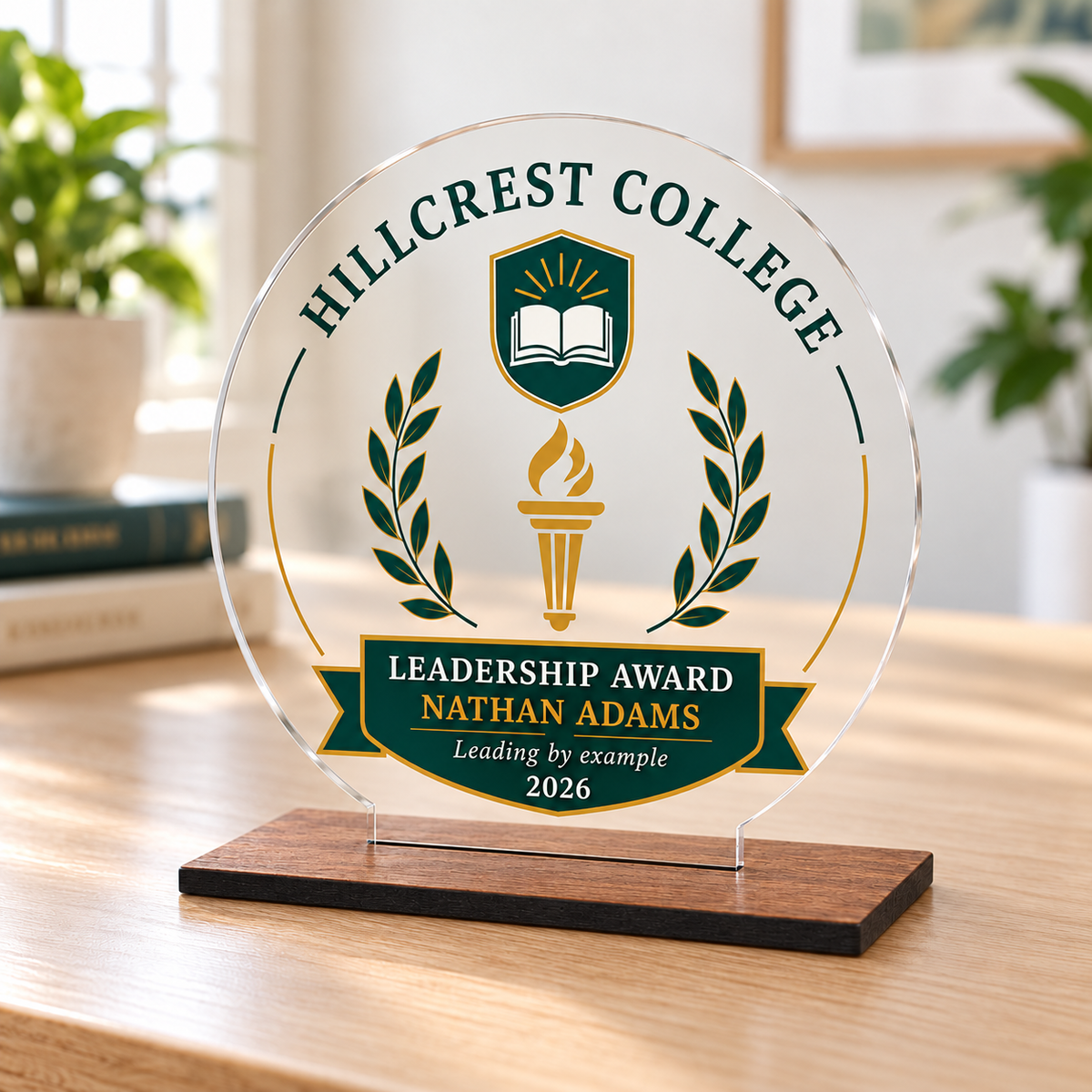Round school leadership award in 3 mm clear acrylic with a DTF sticker and 6 mm wood base