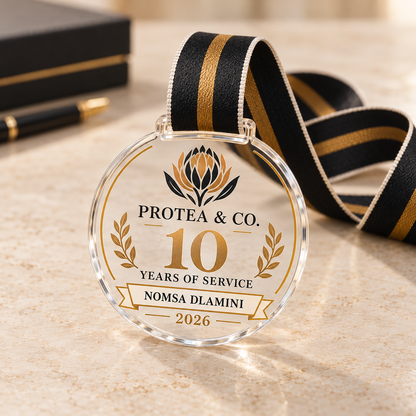 Personalised clear acrylic long service medal with DTF artwork and a black and gold neck ribbon