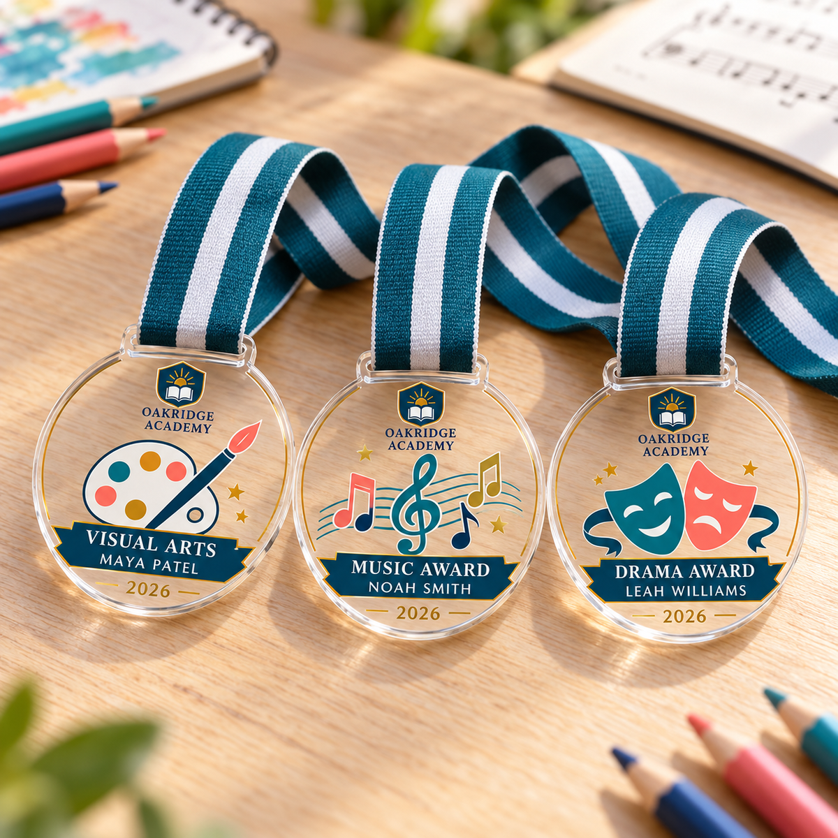 Clear acrylic medals for visual arts, music and drama with colourful DTF artwork and teal neck ribbons