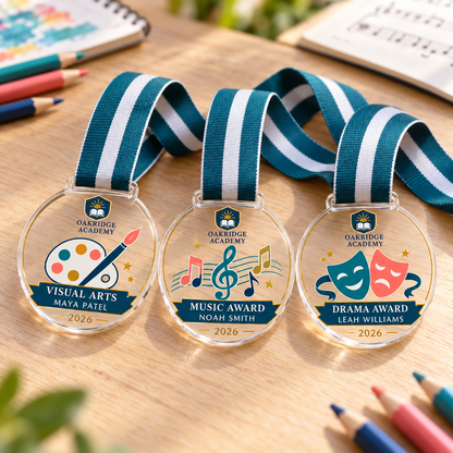 Clear acrylic medals for visual arts, music and drama with colourful DTF artwork and teal neck ribbons