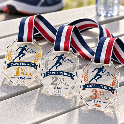 Clear acrylic running event medals for first, second and third place with red, white and navy ribbons