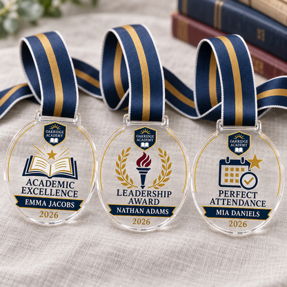 Personalised clear acrylic school achievement medals with DTF designs and navy and gold neck ribbons