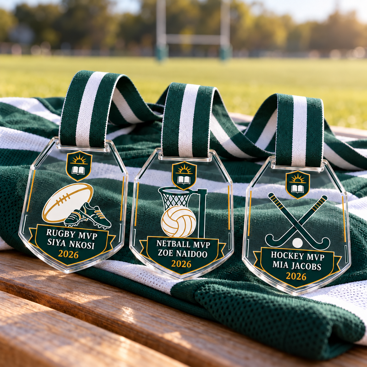 Clear acrylic shield medals for school rugby, netball and hockey with DTF designs and green neck ribbons