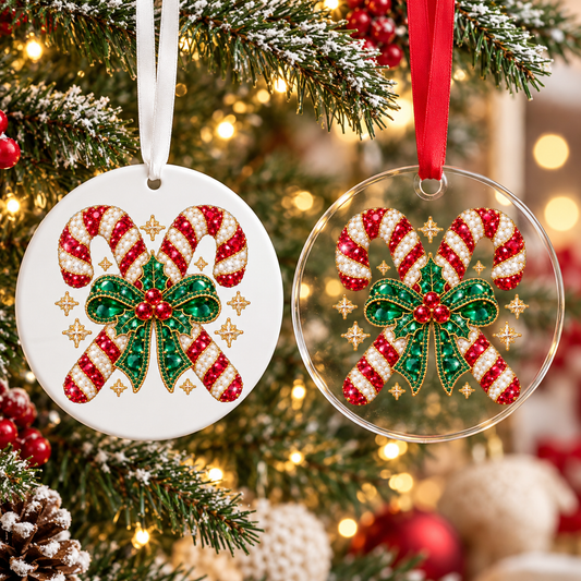Bedazzled candy canes Christmas ornament shown in white acrylic and clear acrylic