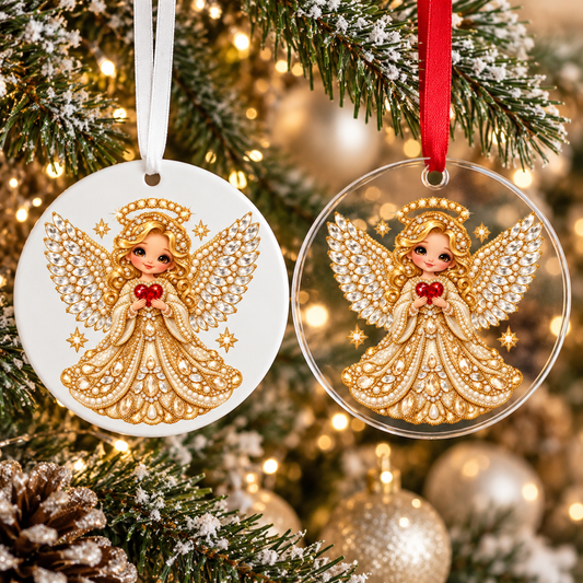 Bedazzled christmas angel Christmas ornament shown in white acrylic and clear acrylic