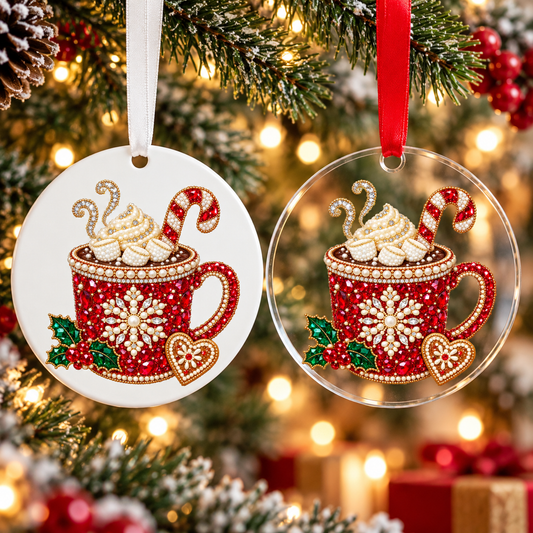 Bedazzled christmas cocoa Christmas ornament shown in white acrylic and clear acrylic