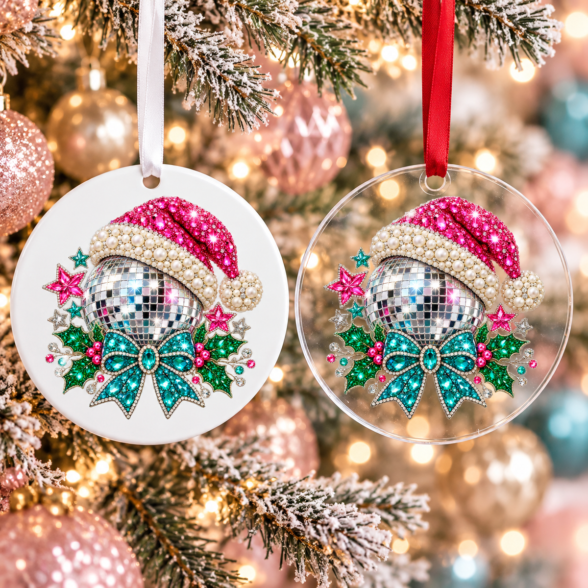 Bedazzled christmas disco ball Christmas ornament shown in white acrylic and clear acrylic