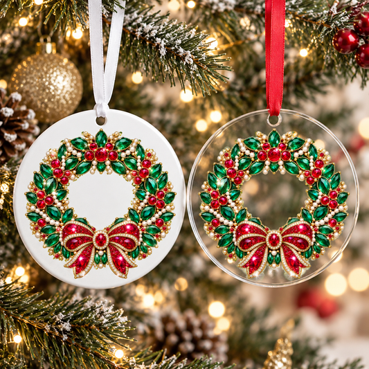 Bedazzled emerald and ruby wreath Christmas ornament shown in white acrylic and clear acrylic