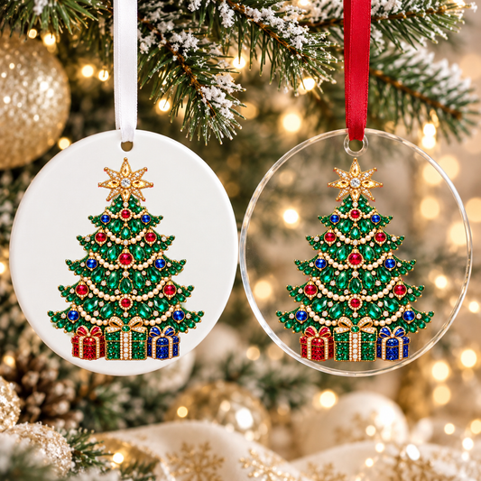 Bedazzled emerald christmas tree Christmas ornament shown in white acrylic and clear acrylic