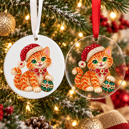 Bedazzled ginger kitten Christmas ornament shown in white acrylic and clear acrylic
